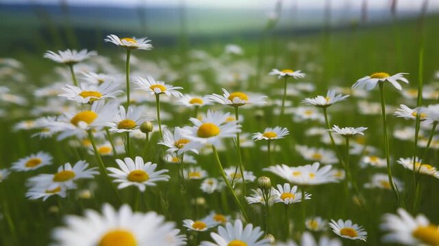A serene field of white daisies with yellow centers swaying gently in the breeze on a sunny day with blurred background