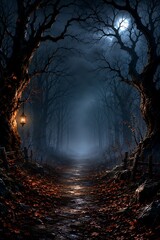 Obraz premium Spooky Halloween Forest Path with Glowing Lantern and Full Moon Night