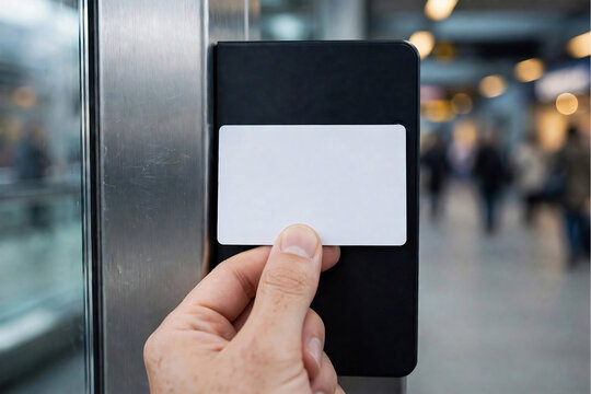 Commuter tapping plain card at transit gate reader close-up