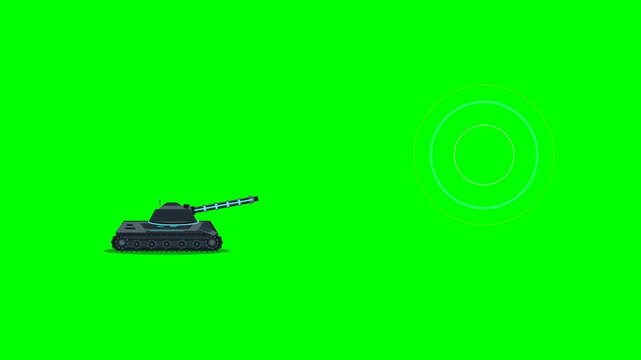 Premium flat 2D animation of a futuristic military tank assembling, aiming, charging its energy cannon, and firing a projectile with mechanical recoil and impact on a clean green screen background.