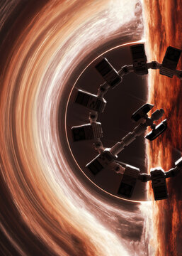 Futuristic Ring Spacecraft Near a Black Hole and Glowing Accretion Disk, Sci-Fi Illustration