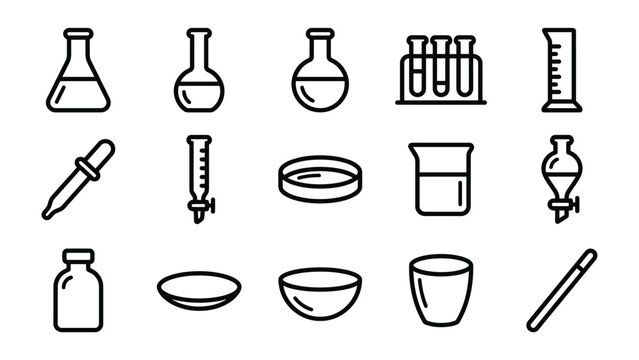 Scientific Laboratory Equipment Icons: A collection of clean, black and white line icons representing various laboratory glassware and scientific tools.