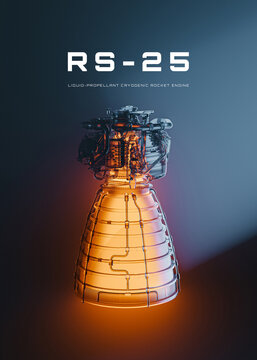 RS-25 Rocket Engine with Glowing Orange Lighting, Aerospace Technology Poster