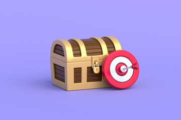Accuracy in wealth creation. Winning financial jackpot. Ultimate business profit. Successful investment strategy. Marketing goals. Treasure chest beside darts target board. 3d render © OlekStock