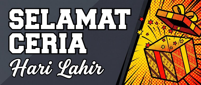 Selamat Hari Lahir Birthday Banner with Pop Art Gift Box, Batik Pattern Surprise Present, Halftone Comic Book Background, Indonesian Celebration Header, Retro Typography, Vector Graphic Design
