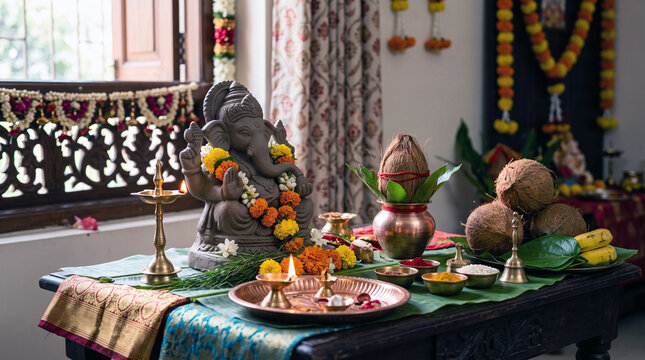 Traditional tea set with pastries on ornately decorated table