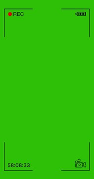 Camera recording screen overlay with alpha channel. Vertical Dslr camera frame viewfinder, screen of video recorder digital display with multiple settings and timer. 4k green screen background