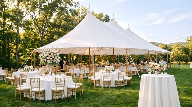 Elegant white wedding tent on green lawn, luxury outdoor reception venue with floral centerpieces, garden party event setup with round tables