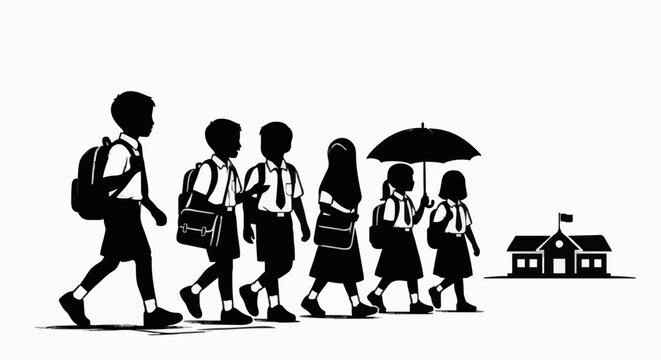 Silhouette Students Walking to School