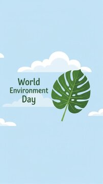 World Environment Day greeting with green monstera leaf and clouds motion graphic, ai generated