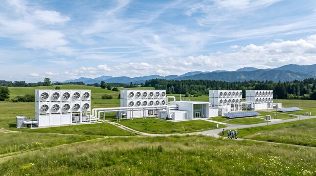 A direct air capture (DAC) facility with large collector fans, located in an open field; a sustainable technology for combating climate change. AI generated.
