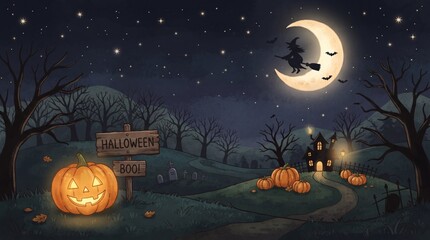 Fototapeta premium Illustrated Halloween landscape featuring a witch flying past a crescent moon over a haunted village.