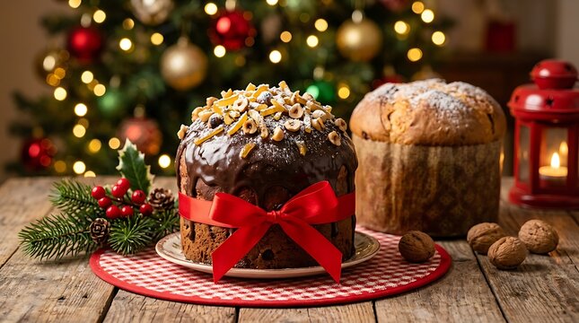 Christmas panettone and fruitcake dessert with nuts on rustic table