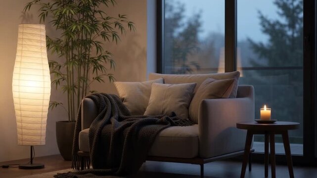 Comfortable lounge chair draped in cozy blanket and linen pillows glows under a tall glowing paper floor lamp beside bamboo and candlelight