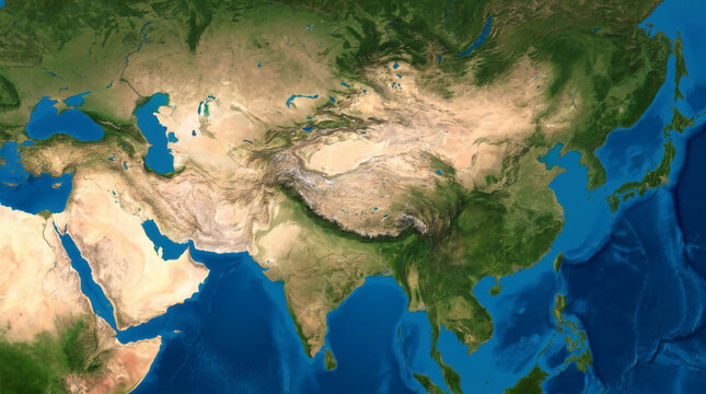 Detailed physical satellite view map of the asian continent