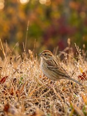 Fototapeta premium A sparrow stands in dewy grass against a warm, blurry autumn background. Concept wildlife, nature, fall, serenity, perfect for seasonal greeting cards and educational materials. Generative AI.
