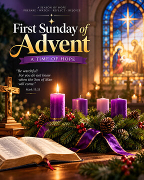 First sunday of advent celebration with purple candles on evergreen wreath and open holy bible liturgical season pine branches bible study jesus christ stained glass church interior religion