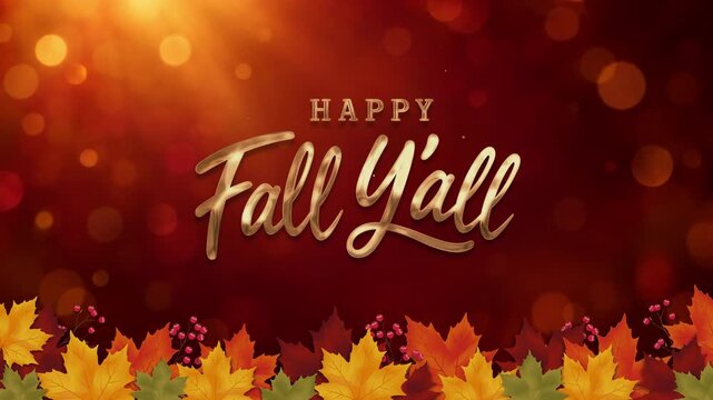 4K Happy Fall Y'all Autumn Greeting Lettering Animation, Elegant Gold Handwritten Script Typography Reveal, Seasonal Fall Celebration Text Motion Graphic with Warm Bokeh Background