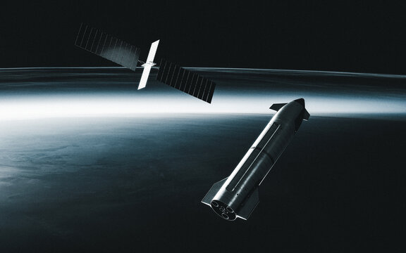 Futuristic Spacecraft and Solar Panel Satellite Above Earth's Horizon, 3D Illustration