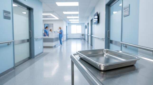 Stainless steel tray in sharp focus leads into a bright sterile hospital corridor rendered in soothing light blue and white tones