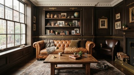 Obraz premium A Cozy Den Retreat: Step into this warm and inviting living room, featuring a plush leather sofa, a rustic wooden coffee table, and shelves filled with curated treasures.