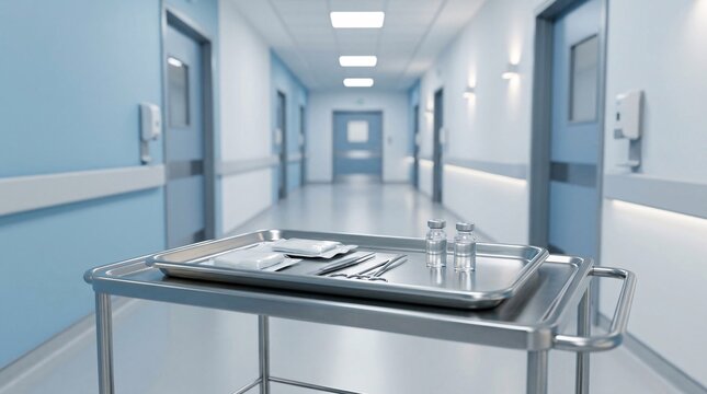 Stainless steel tray in sharp focus leads into a bright sterile hospital corridor rendered in soothing light blue and white tones