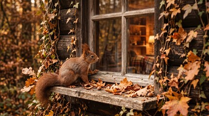 Fototapeta premium A squirrel sits on a wooden window ledge of a cabin surrounded by autumn leaves. Concept nature, wildlife, autumn season, perfect for seasonal themes and wildlife related content. Generative AI.