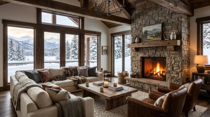 Obraz premium Cozy Mountain Lodge Living Room: A warm and inviting living room with a crackling fireplace, plush sofas, and large windows offering breathtaking views of a snow-covered mountain landscape.