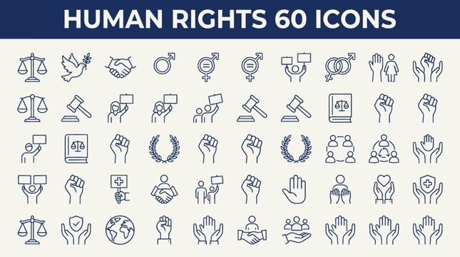Comprehensive Human Rights Icon Set featuring 60 minimalist line icons of justice scales, equality symbols, and protest imagery ideal for legal presentations and social justice campaigns.