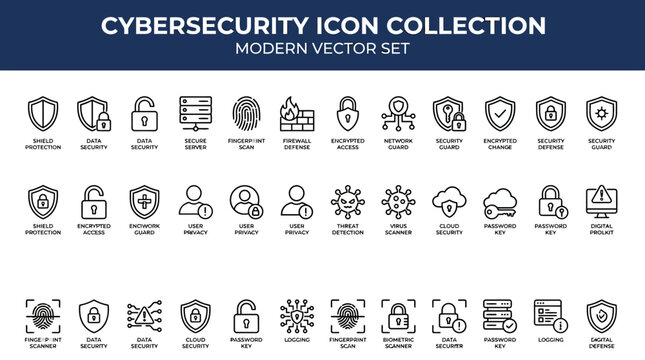 Comprehensive Cybersecurity Icon Set featuring minimalist black line icons of shields, padlocks, and biometric scans. Ideal for web design and corporate security presentations.