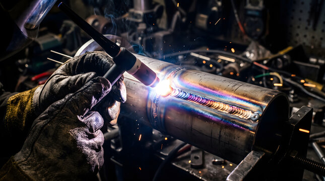 close-up of a precision welding process, showcasing beautiful heat tints on the metal. Vibrant iridescent colors ranging from deep blue and violet to golden straw and magenta around the weld bead