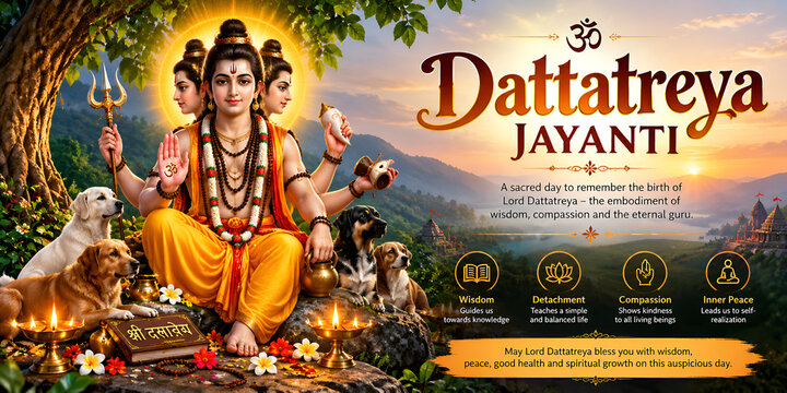 Dattatreya jayanti celebration graphic with hindu deity lord dattatreya dogs sacred symbols golden sunrise landscape background indian spirituality divine being three heads sacred animals