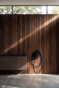 Glass Clerestory Band Above Dark Cedar Garage Wall With Oak Leaves