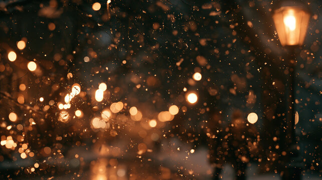 Golden bokeh lights night winter snow glowing warm dark background magical festive sparkle defocused abstract particles