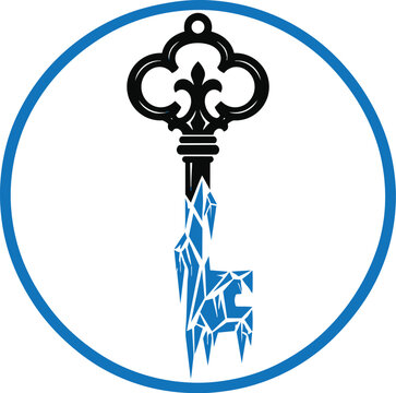 Vintage skeleton key half frozen in ice circular emblem