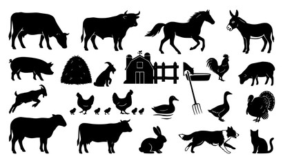 Fototapeta premium Common Farm Animals Black Silhouette Vector Collection