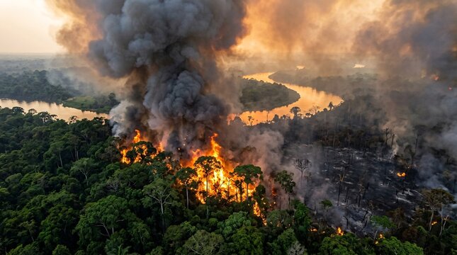 Massive wildfire engulfs a lush rainforest, dark grey smoke billowing as bright orange flames consume ancient trees in an aerial view