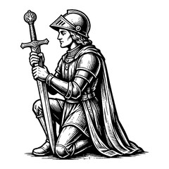 Obraz premium Kneeling medieval knight in full armor holding a sword, historic warrior pose, regal helmet, detailed chainmail, cape flowing, vintage illustration style, representing bravery and duty