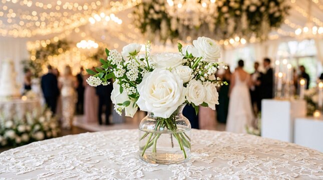 Delicate pristine white roses and spring blossoms in a small glass vase rest on lace tablecloth before a blurred glowing wedding reception