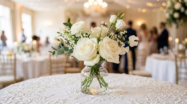 Delicate pristine white roses and spring blossoms in a small glass vase rest on lace tablecloth before a blurred glowing wedding reception