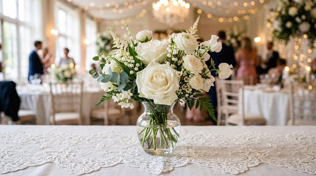 Delicate pristine white roses and spring blossoms in a small glass vase rest on lace tablecloth before a blurred glowing wedding reception