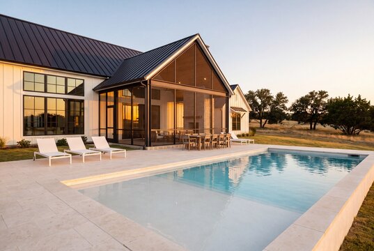 Modern Farmhouse Rear Screened Porch and Pool Overlooking Pasture