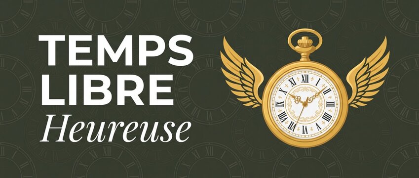 Golden pocket watch with wings flying banner illustration for French temps libre happy free time retirement concept background with Roman numerals for business time management project