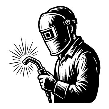 Welder in protective gear with welding torch creating sparks, industrial work, skilled labor