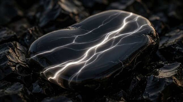 Abstract Black Object with Glowing White Lightning-Like Fractures Illuminated by Bright Energy