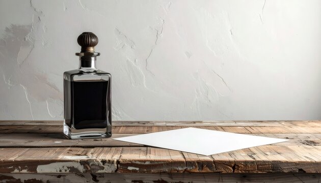 Glass decanter with dark liquid and blank paper on rustic table