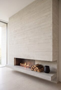 Board Formed Concrete Fireplace With Long Horizontal Firebox Vertical