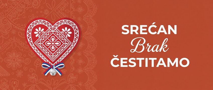 Traditional licitar heart wedding greeting card with Srećan brak čestitamo text for happy marriage congratulations, romantic Balkan folk art ornament, rustic celebration festive background design
