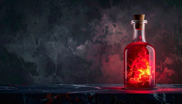 Glass bottle glowing with red liquid elixir