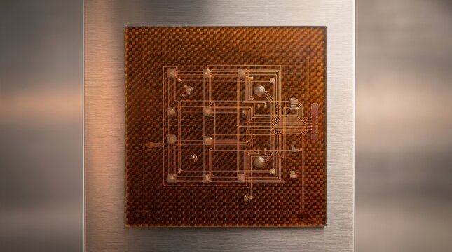 Close-up detailed view of a golden brown computer microprocessor integrated circuit with intricate copper traces and grid pattern
